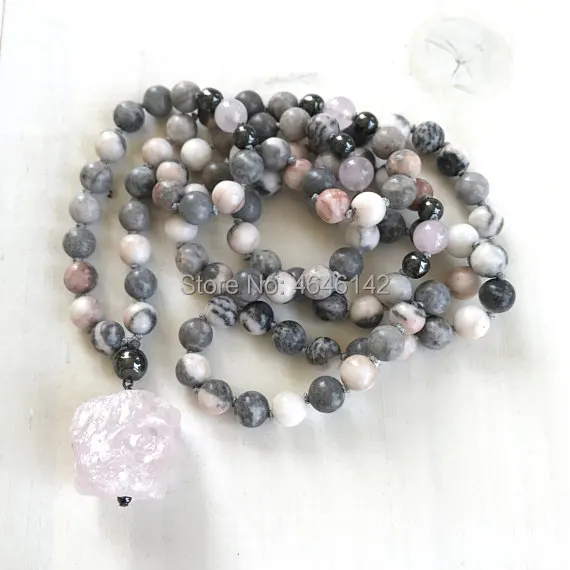 SN00016Rose Quartz Mala Beads, Open The Heart To Love Mala Necklace, Pink Zebra Jasper Mala, Yoga Meditation Beads, 108 Bead Hand Knotted Mala4 (2)