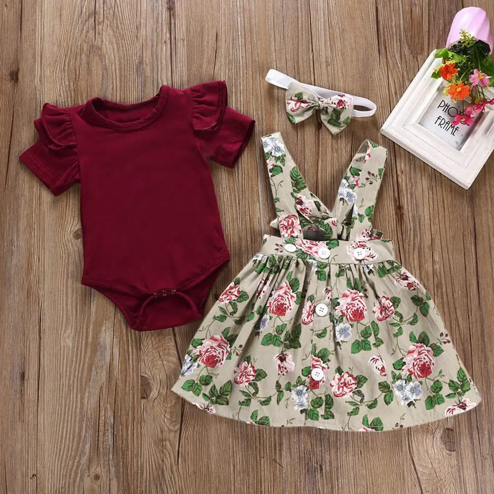 3pc Infant Baby Girl Solid Jumpsuit Romper+Floral Print Skirts+Headbands Outfit