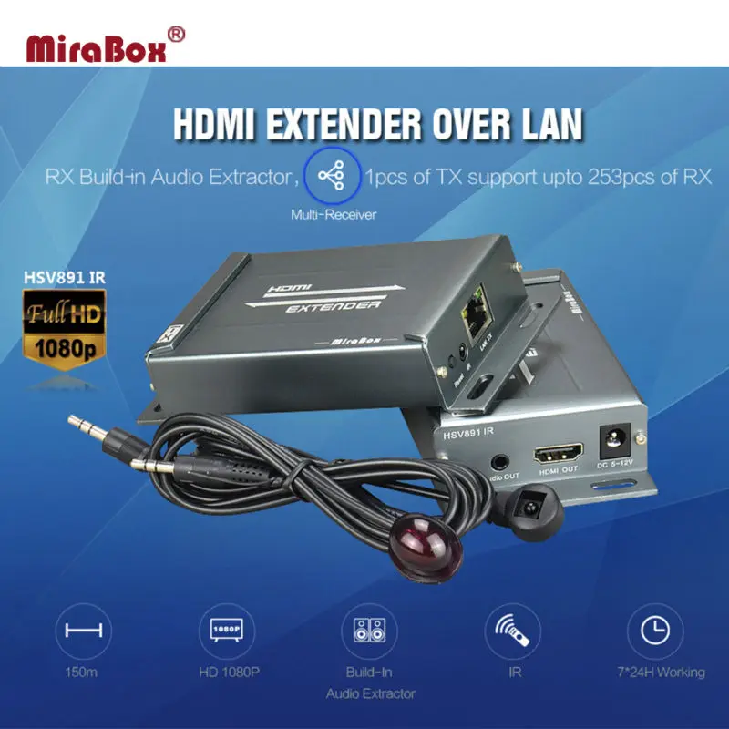 

MiraBox HDMI Extender with IR Remote Control HD1080P And 150M single cable Maximum 20KM Over Switch HDMI Transmitter Receiver