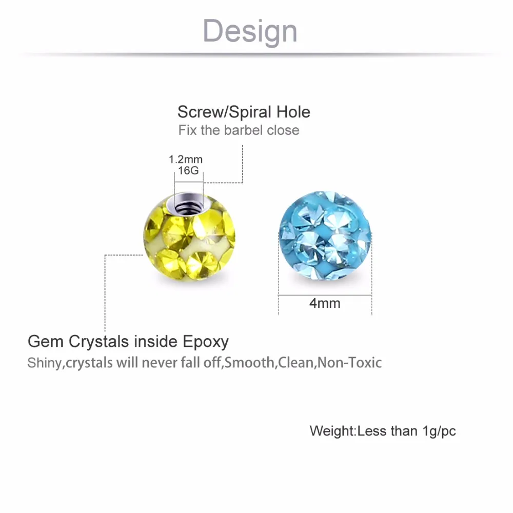2 шт./лот, 4 мм, 316L, нержавеющая сталь, эпоксидный кристалл, резьбовые шарики для пирсинга, ювелирные изделия, части 16 г, губы, брови, серьги, кольца для ушей, PL12
