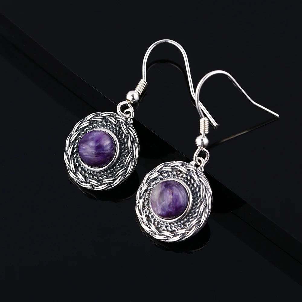 Богемные женские серьги с натуральным фиолетовым чароитовым камнем, ювелирные изделия из стерлингового серебра, подарок на свадьбу, вечеринку, помолвку