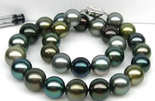 

18"12- Tahitian genuine black peacock green multicolor round pearl necklace