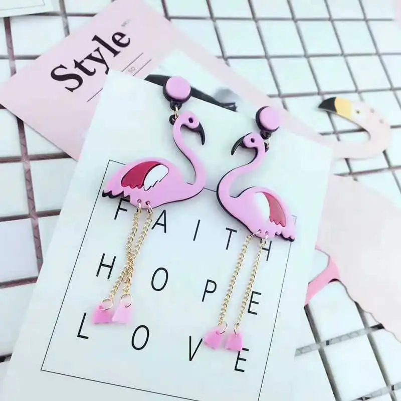 

Trendy Fashion Hip Hop Acrylic Pink Bird Long Earrings Personality Night Club Jewelry