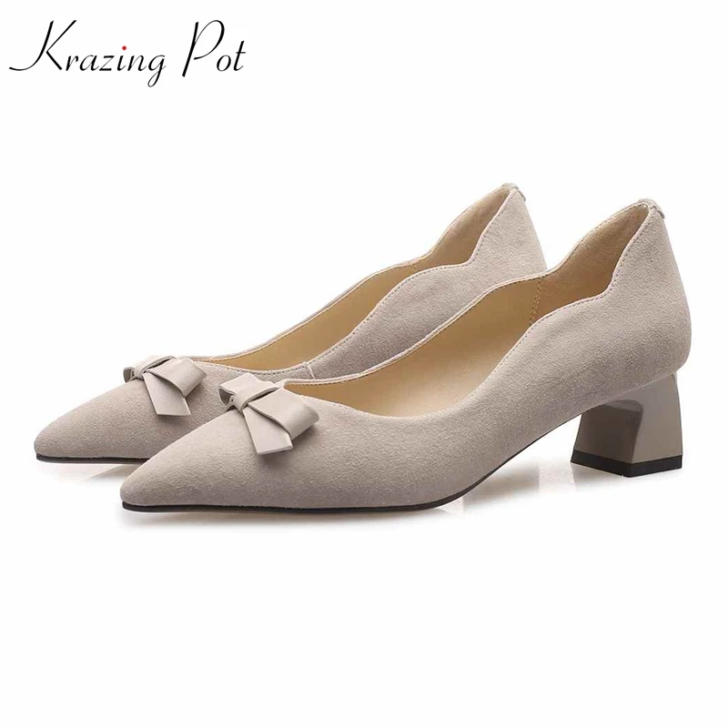 

Krazing Pot 2019 cow suede pointed toe strange med heels slip on vintage party banquet web sensation superstar shallow pumps L02