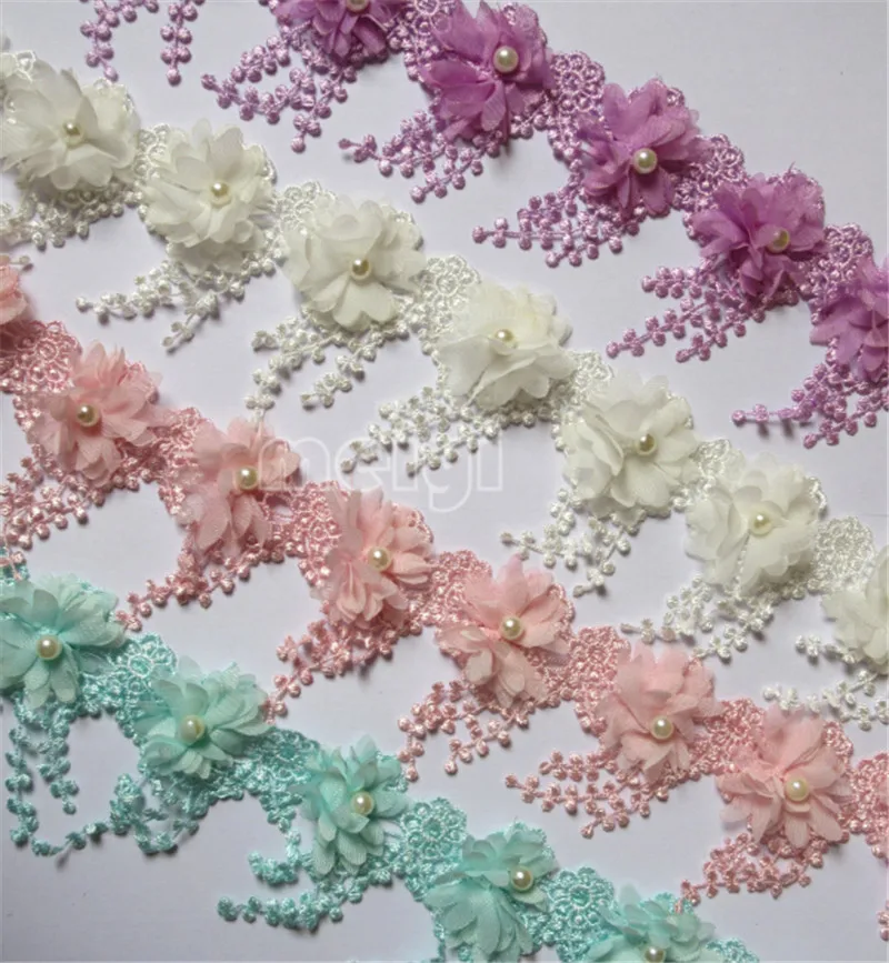 1yd Soluble Fringe Pearl Chiffon Embroidered Lace Trim Ribbon Fabric Sewing Craft Patchwork Handmade DIY For Costume Decoration