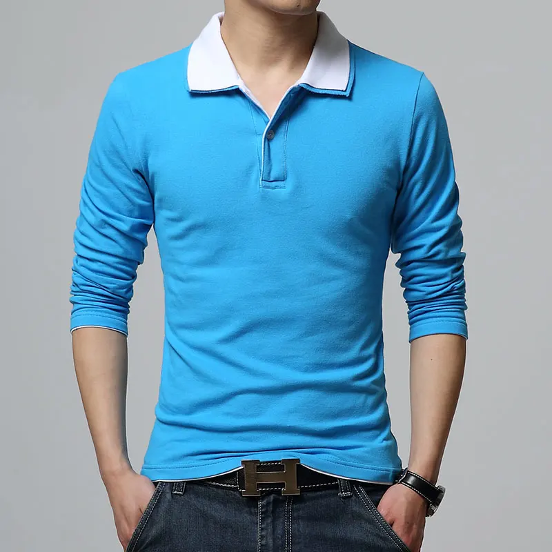 Новые повседневные рубашки поло мужские осенние Slim Fit с длинным рукавом мужские s дышащий хлопок пэчворк воротник мужской поло для мужчины 1039 - Цвет: blue white polo men
