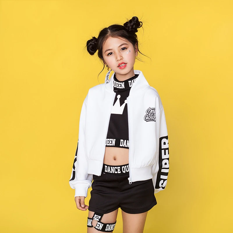 Children Hip Hop Dance Costumes Kids Street Dance Clothing White Jacket Black Vest Shorts Girls Dancewear Stage Outfit DN1740