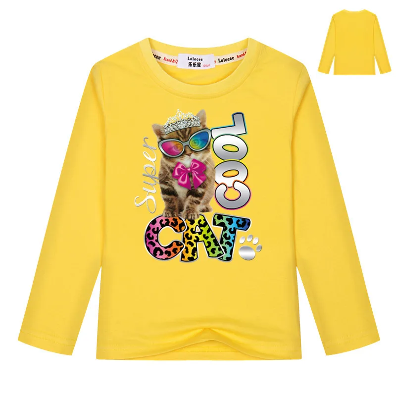 

2018 Spring Naughty Cat 3D Lovely T Shirt Girls Printing Originality O-Neck Long Sleeve T-shirt Tops Super Cool Cat Tee