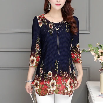 

2019 New Fashion Women Blouse Shirt Plus Size 4XL Chiffon Red Women's Clothing O-neck Floral Print Feminine Tops Blusas Clothes