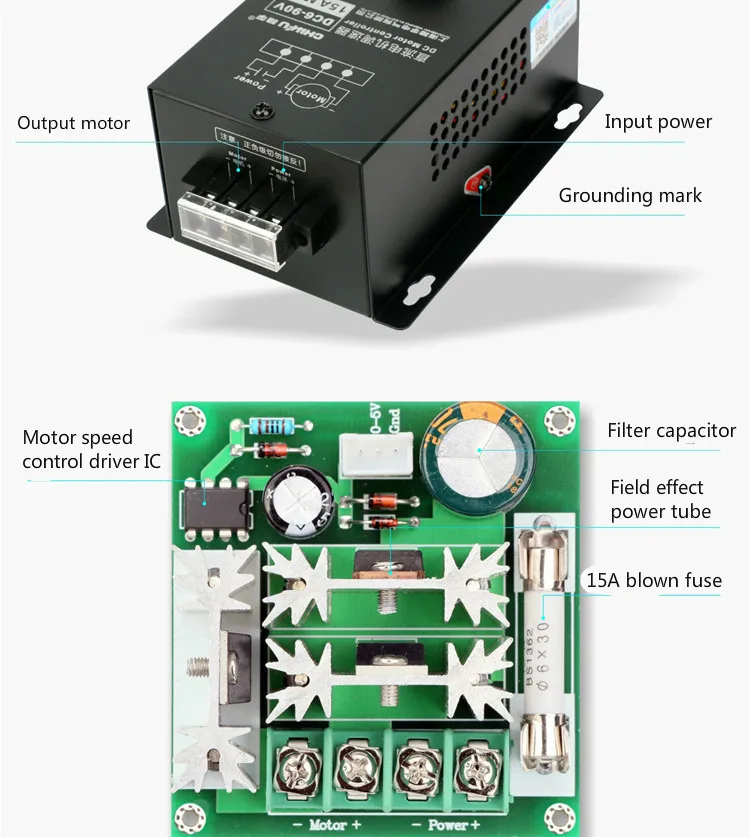 Контроллер скорости двигателя постоянного тока 6 в 12 В 24 в 36 в 48 в 60 в 72 в 90 в общего назначения правильный разворот ШИМ модульная 15A