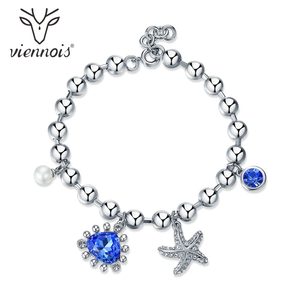 Viennois New Silver Bracelets For Women Blue Rhinestone Starfish Chain Bracelets & Bangles