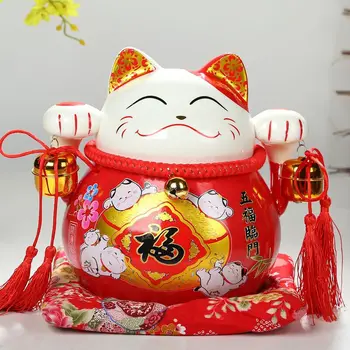 

Ceramic manufacturers selling cat piggy bright red ornaments opening large cat wedding gift