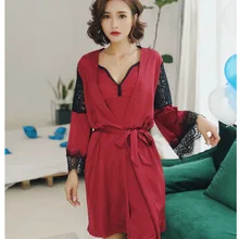 Весенне-летняя женская пижама, сексуальное мягкое атласное шелковое кимоно, халат, ночная рубашка, комплект кружевного нижнего белья, ночная рубашка, пижама для женщин