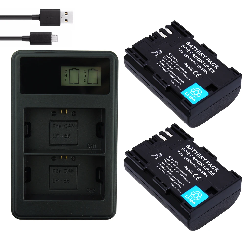 2* LP-E6 Battery 2650mAh LP E6 E6N +LED USB Dual Charger for Canon EOS 60D 70D 5D Mark II III IV digital camera | Электроника