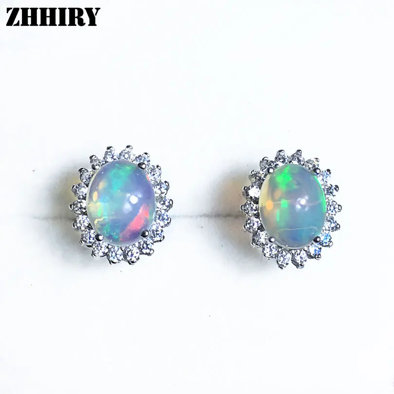 Women Natural Color Opal Gemstone Stud Earrings Genuine 925 sterling