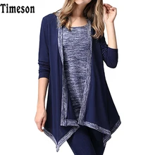 Timeson Blouses 2017 New Women Autumn Fake Two Piece Shirt Ladies Print Long Sleeve Irregular Hem Shirt Vetement Femme