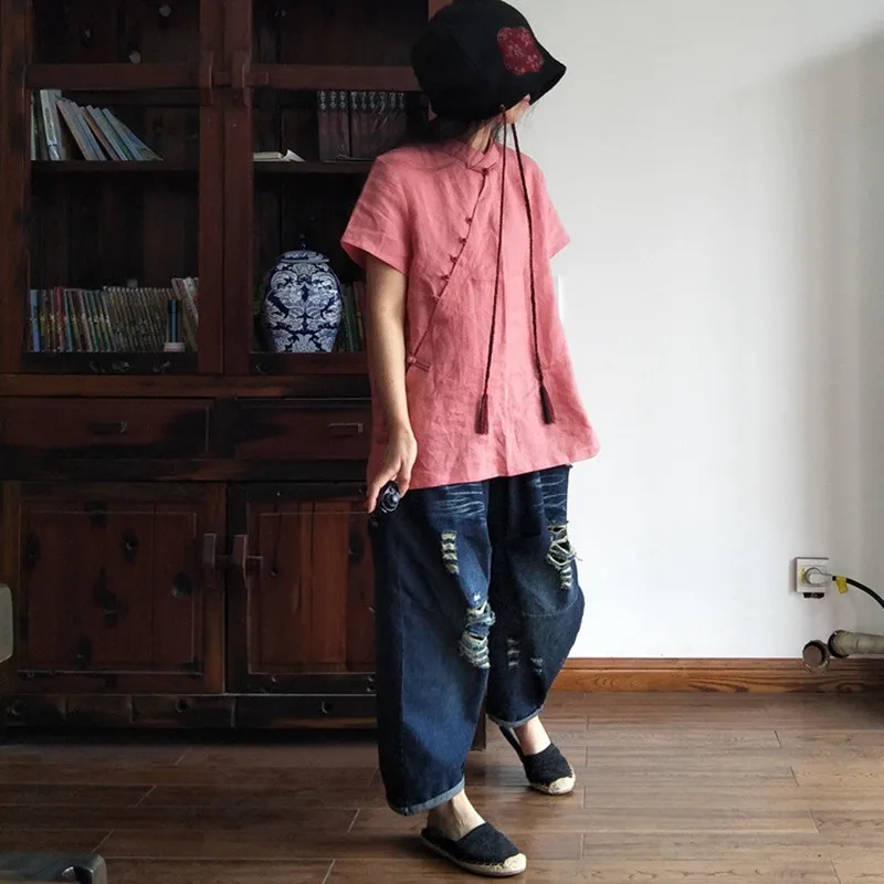 Y Manga naranja Azul caqui Casual Vintage Verano De Mujeres rose Red púrpura Soporte Camisas Rosa verde Blusas Tops Botón rosado Ramio Calidad Nuevo Corta 2018 Johnature twC1x0Uqw