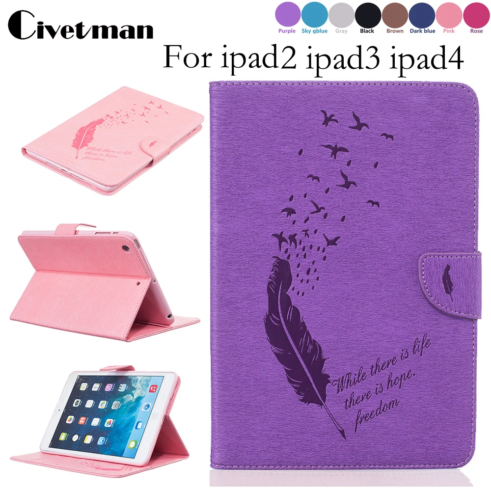 

Luxury Retro Feather PU Leather Flip Case For IPad 2 3 4 Smart Sleep/wake up Stand Tablets Accessories Cover For iPad 3 ipad 4