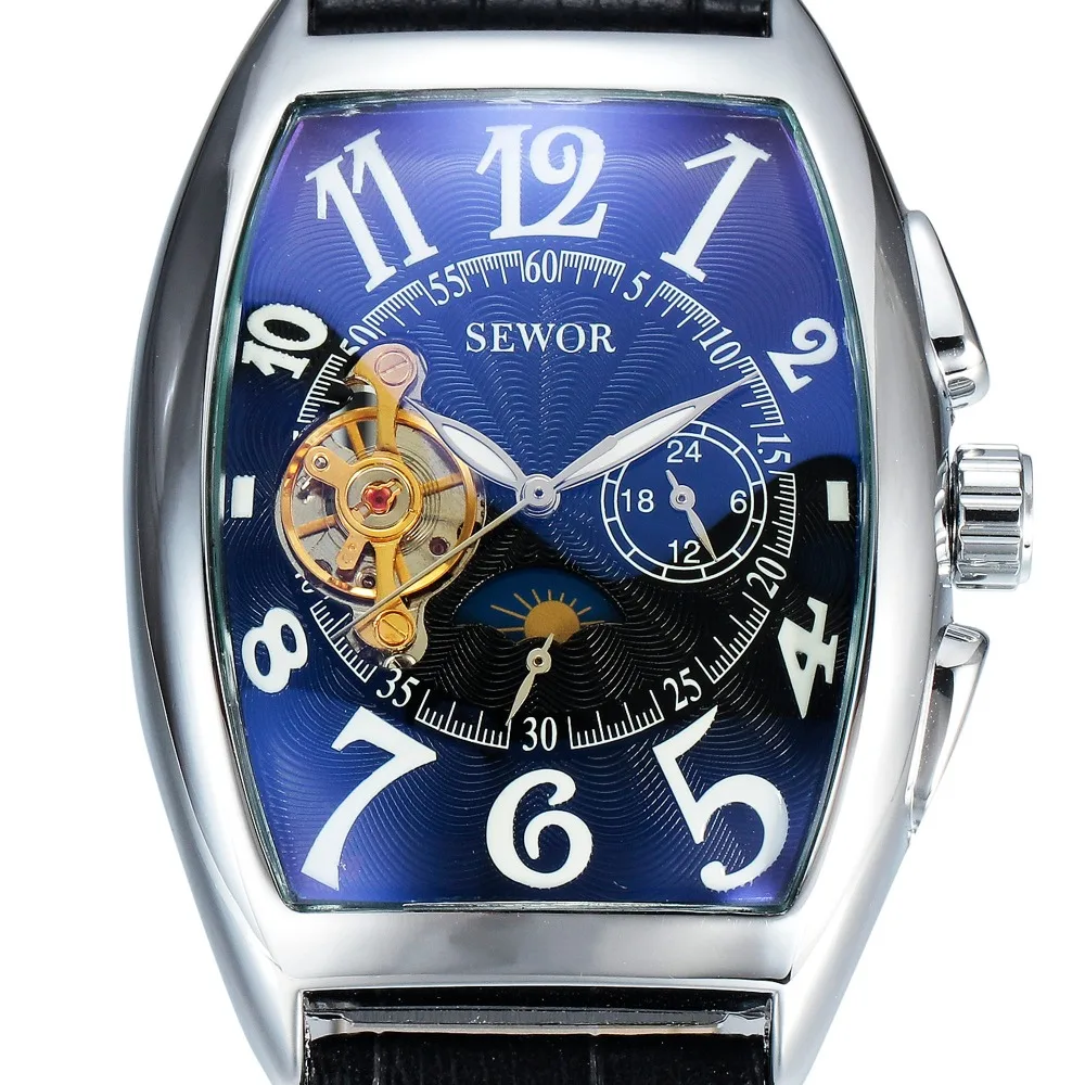 

SEWOR Luxury Brand Automatic Mechanical Watch Men Design Moon Phase Square Leather Skeleton Watches Auto Date Business Watch