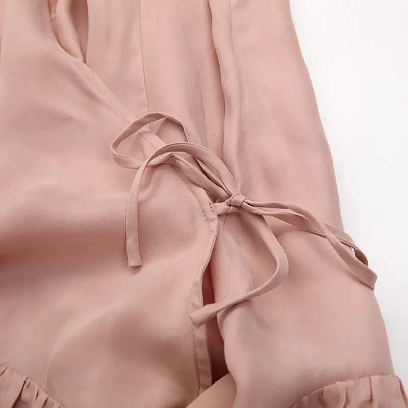 CHICEVER, летнее элегантное розовое шифоновое платье для женщин, v-образный вырез, Пышный рукав, бандаж, бант, свободные, до середины икры, прямые платья, новинка