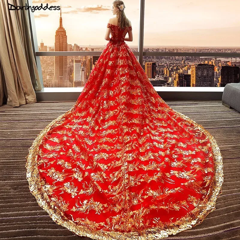 

Luxury Sexy Red Wedding Dress 2018 Ball Gown Wedding Dress Gold Lace Sequins Short Sleeve Off Shoulder Wedding Dress Long Train