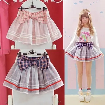

Princess sweet lolita skirt big bow tie two layer lovley plaid lace skirts soft cotton pink & purple lovely students cute skirts
