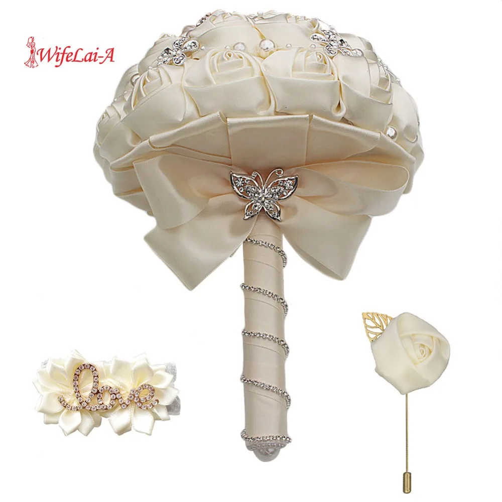 

(Wrist flower and boutonniere) Ivory Pearls Satin Bouquet Cream Pearl Beaded Holding Flowers Silk Wedding Bridal Bouquet Set