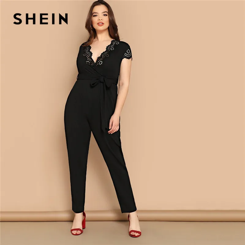Aliexpress.com : Buy SHEIN Women Black Belted Jumpsuits Plus Size Deep ...
