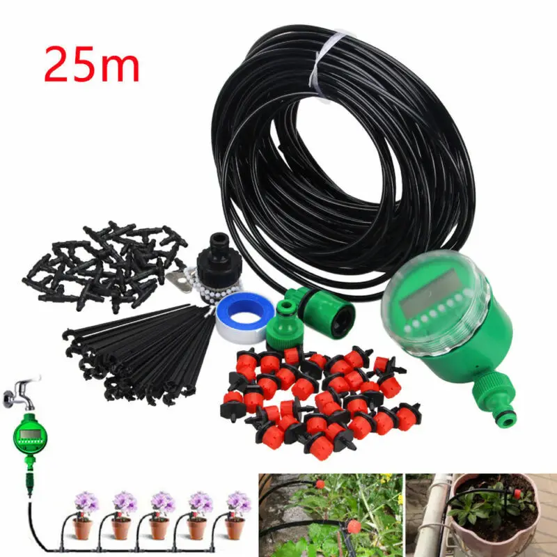 

DIY Micro Drip Irrigation Auto Timer Self Plant Watering 25M Garden Hose System Lawn Sprinklers