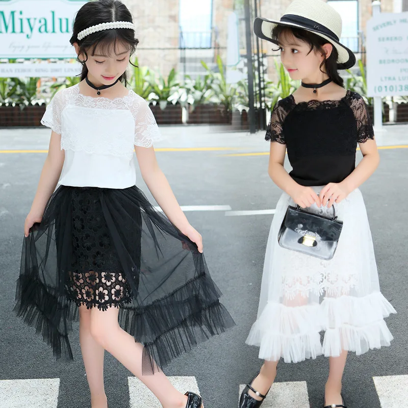 

Kids Baby Girl Clothes Set Summer Short Sleeve Lace Tops+Mesh Long Skirts for Girls Elegant 2Pcs/Sets Fashion Children Clothing