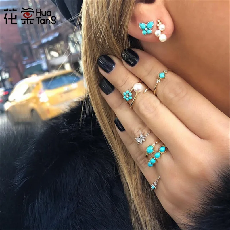 

HuaTang Antique Silver Green Rhinestone Ring Sets Geometric Butterfly Carved Knuckle Pearl Ring Anillos Anel Rings 4552