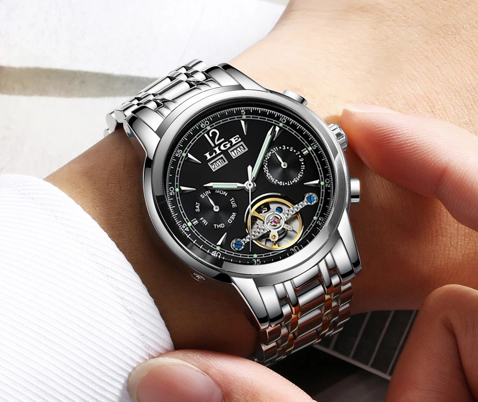 esporte casual tourbillon aço inoxidável relógios à