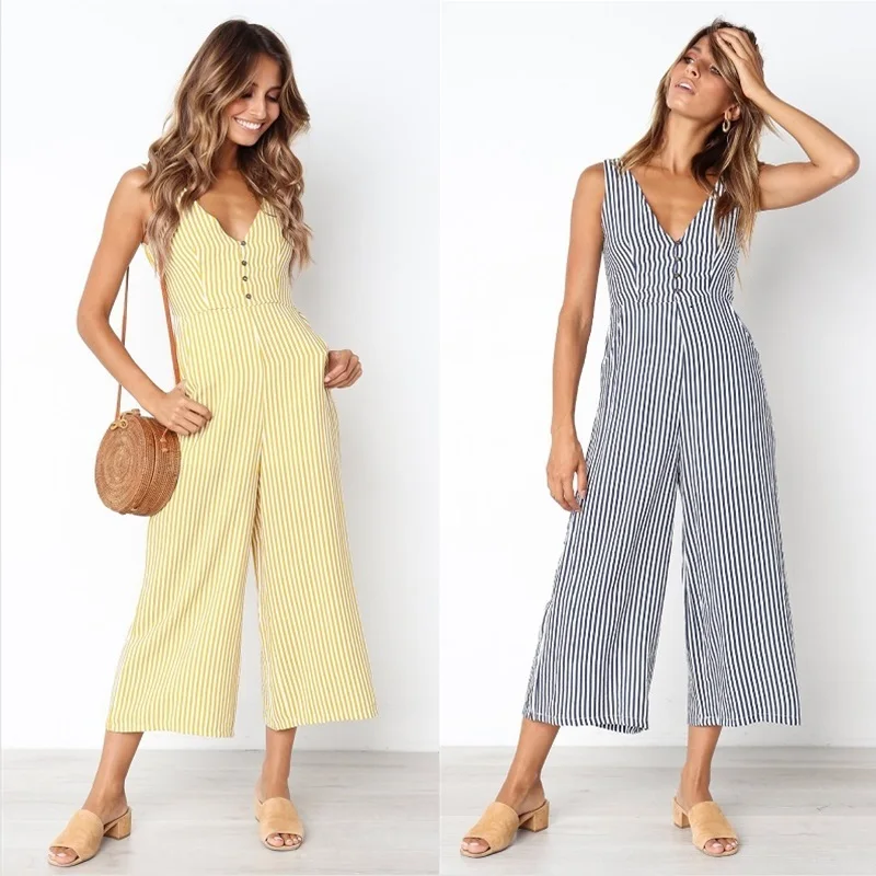 

Elegant Blue Striped Jumpsuits Romper Casual Streetwear Summer 2019 New Women Sleeveless Jumpsuit Overall Ladies Wide Leg Pants