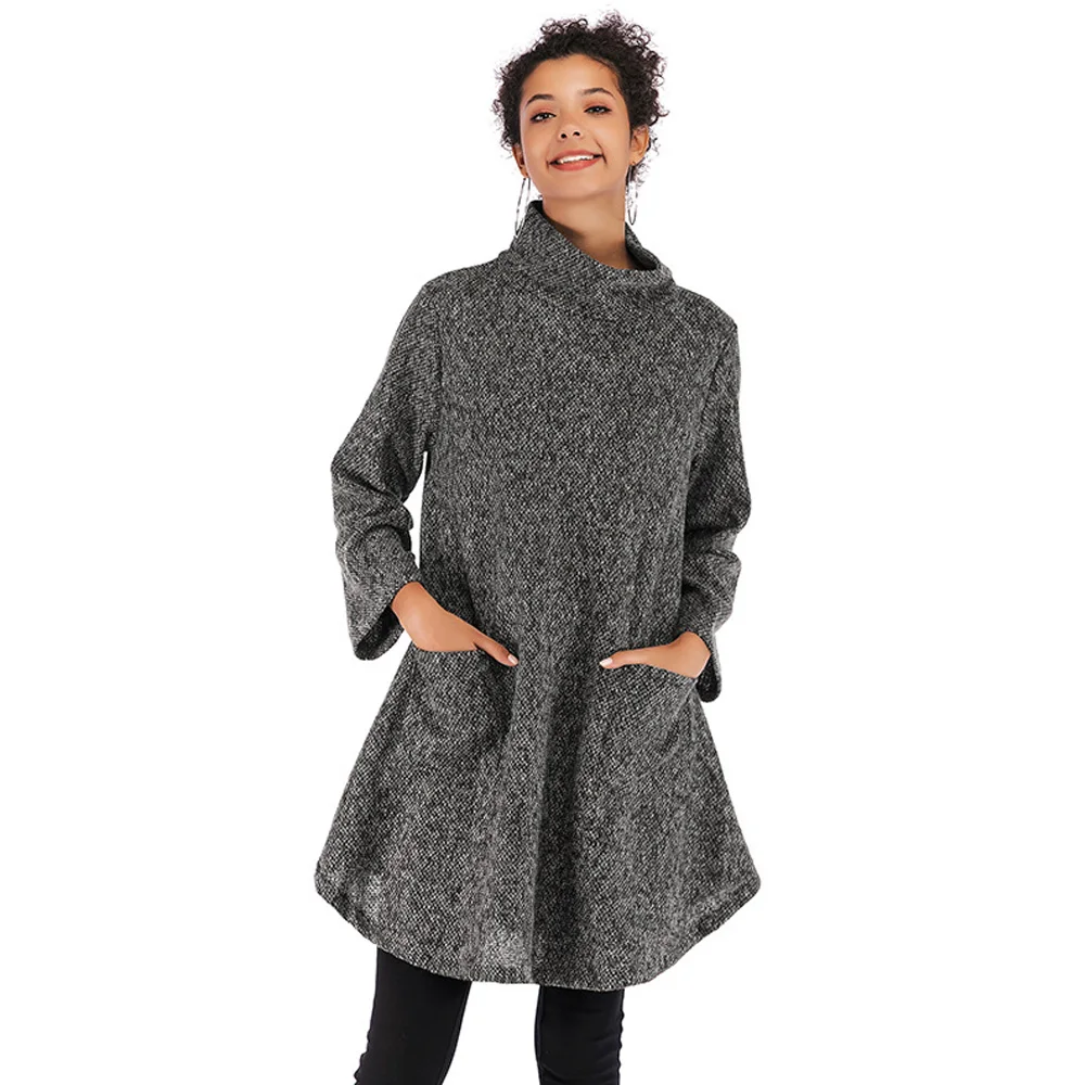 

Joineles New Turtleneck Long Sleeves Women Casual Pullovers Stripe M~XL Two Pockets Knitwear Sweater Loose Female Wool Tops