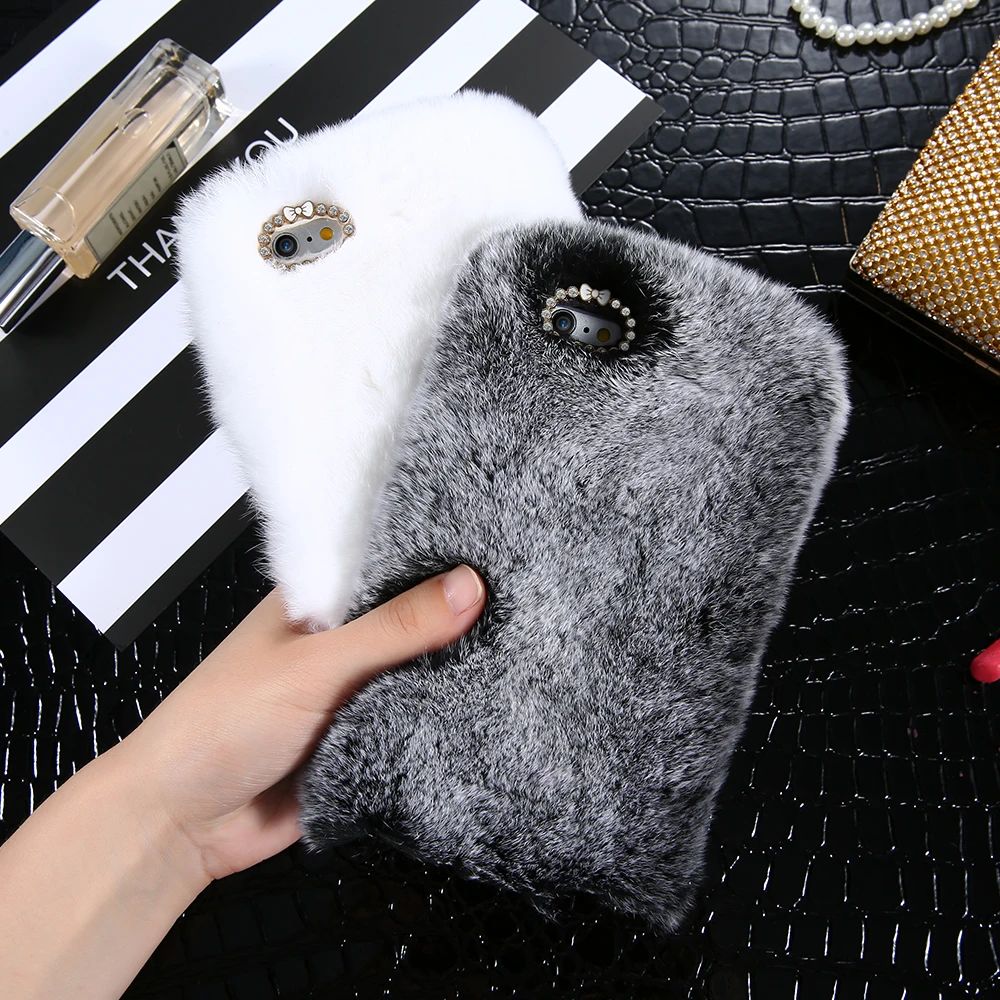 

KISSCASE Genuine Rabbit Fluffy Fur Cases For iPhone 6 6s 7 8 Plus Fluffy Plush Phone Case For iPhone 5 5S SE 10 X Luxury Capinha