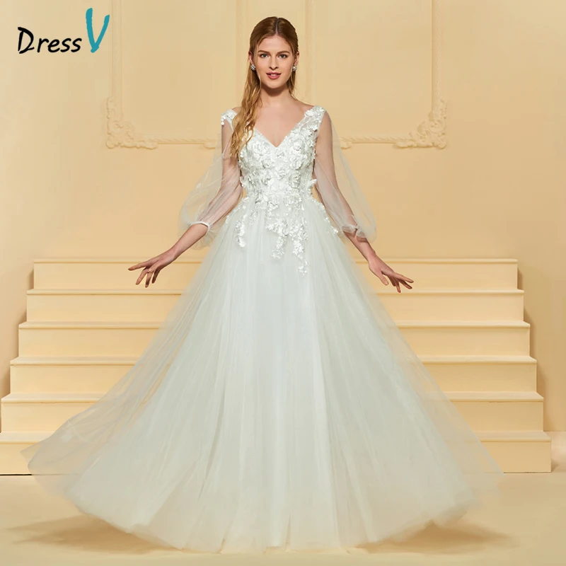 Dressv العاج فستان الزفاف الطويل الخامس الرقبة الدانتيل ثلاثة أرباع الأكمام تول يزين الدانتيل الأنيق مخصص فستان الزفاف الكنيسة