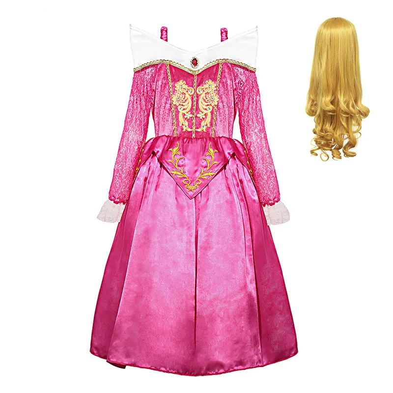 Платье принцессы Авроры в цветочек для девочек, платье Спящей красавицы, кружевное бальное платье с длинными рукавами и вышивкой, детская одежда на Хэллоуин, карнавал - Цвет: Rose  Dress Set-4
