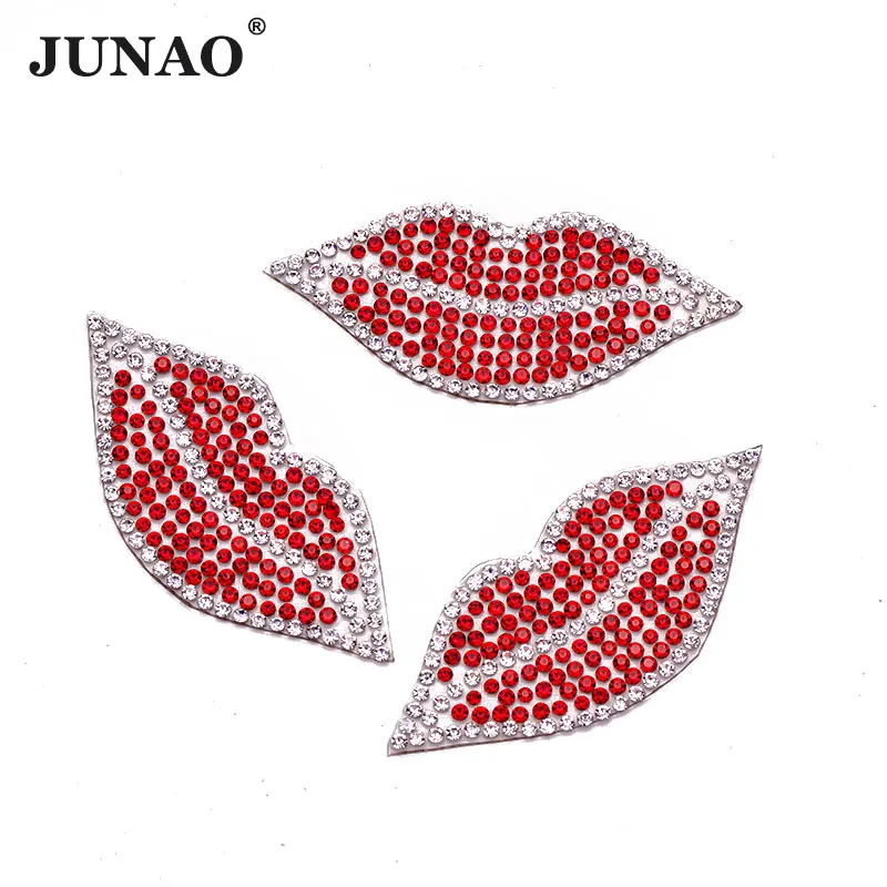 

JUNAO 10pcs Red Lips Rhinestone Iron On Patches For Clothing Patch Appliques Hotfix Crystal Motifs For Clothes Crafts