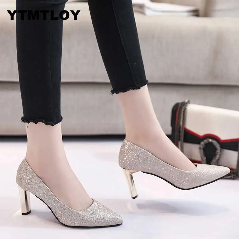 Sequins Pointed Toe Shoes Women Pumps Woman Luxury Bling High Heels Female Ladies Sexy Party Wedding Golden Gold Heel Square afbeelding