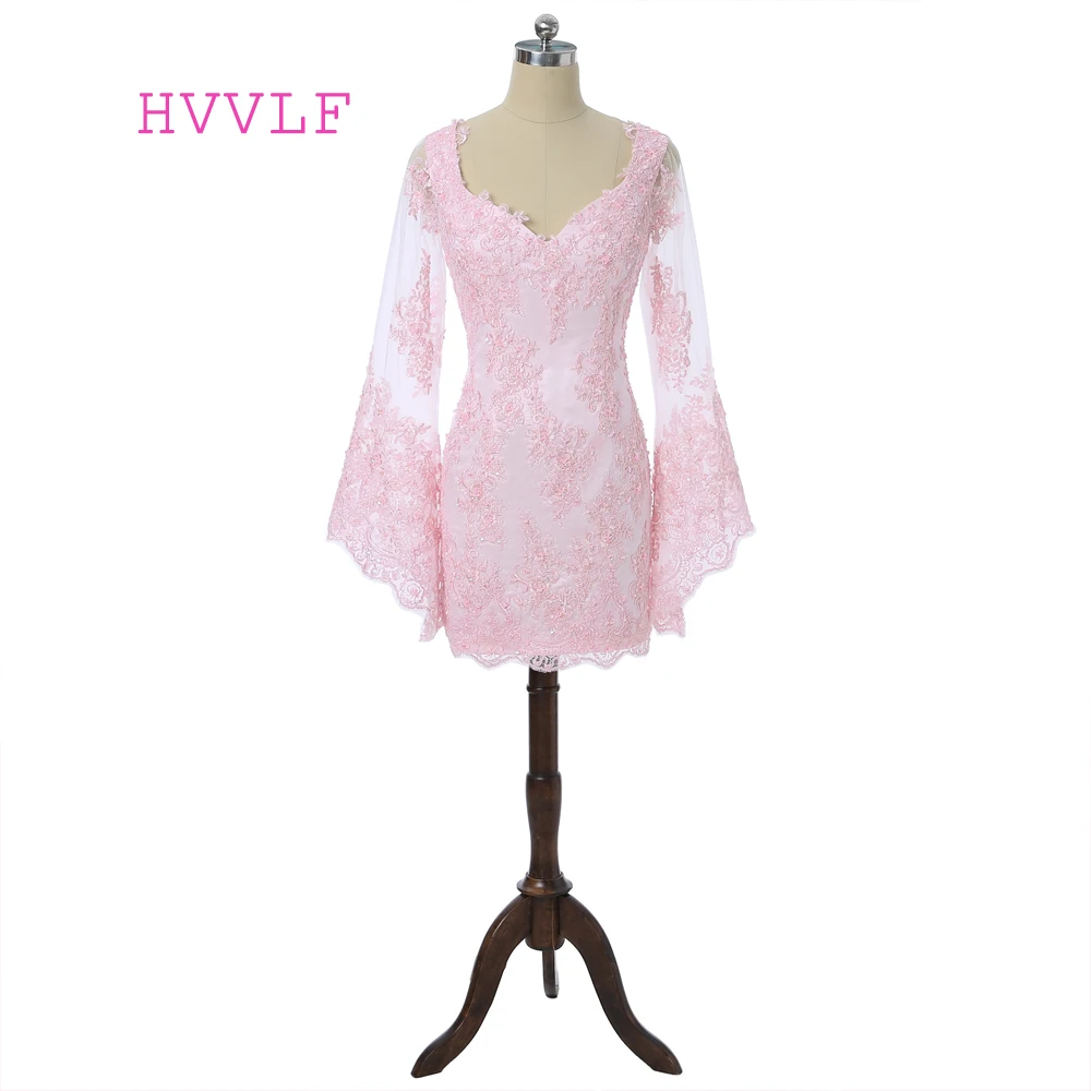 

Pink 2019 Elegant Cocktail Dresses Sheath V-neck Long Sleeves Short Mini Appliques Lace Backless Homecoming Dresses