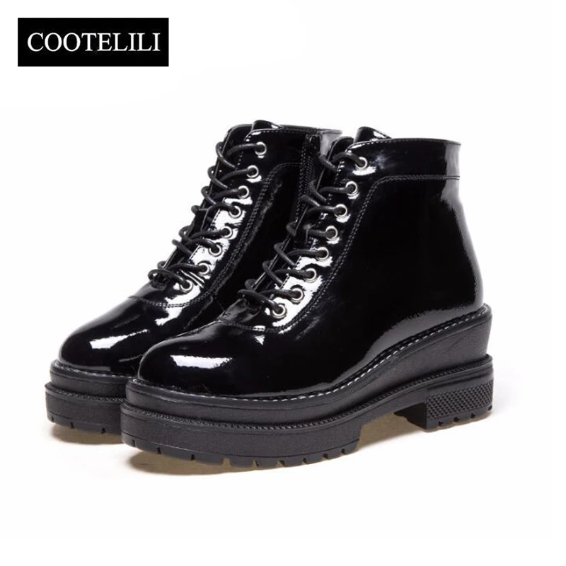 Vente COOTELILI Plus Taille Noir Cheville Bottes Femmes 6 cm Haute Talons En Cuir Chaussures Femme Hiver Automne Plat Plate Forme Bottes Femmes 35 40