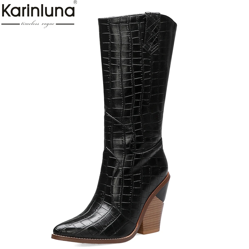 

women's Brand Designer Boots Woman 2019 Wooden High Heels Boots Women Shoes Slip On Lady Mid Calf Boots Woman Big Size 34-44