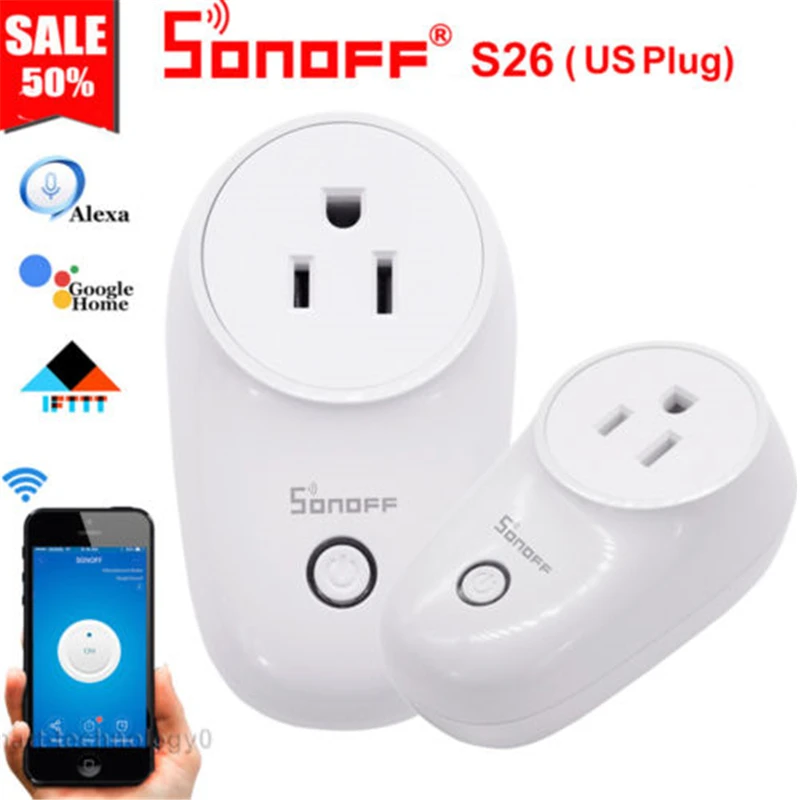 Интеллектуальный выключатель света SONOFF S26 ЕС(E/F) WI-FI Smart Plug розетка с выключателем питания tfttt WI-FI умная Беспроводная розетка разъем таймер для Alexa Google Home