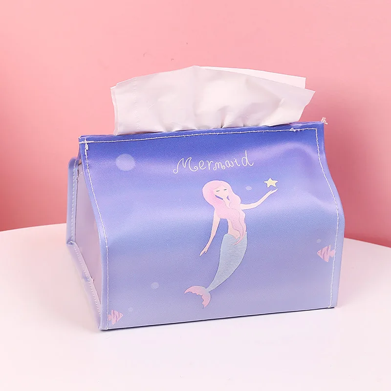 

Tissue Box Home Storage Bathroom PU Paper Towel Holder Set Bedroom Paper Bag Household Napkin Box Cartoon Mermaid Pattern