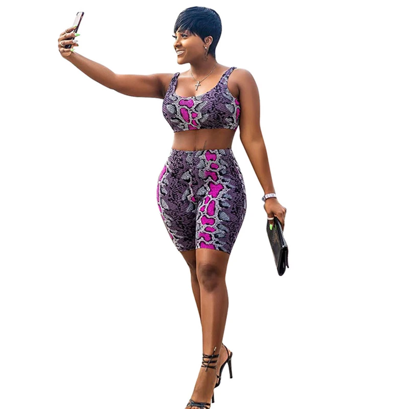 

Sexy Two Piece Matching Set Leopard Snake Skin Print Tracksuit Sleeveless Tank Crop Top And Biker Shorts 2 Pcs Sweatsuit Outfit