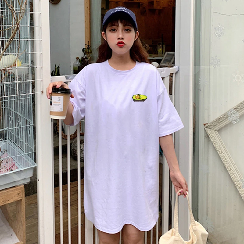 

Kawaii Summer Cotton Short Sleeve Mini Dress Women Casual Beach Lovely Avocado Gudetama Cartoon Print Tshirt Dresses Ladies Tops
