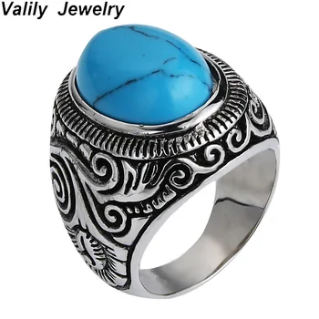 

Valily Silver sterling 925 ring women Vintage Flower Oval Blue stone Ring Band Silver Black Royal Ring Finger Jewelry For Men