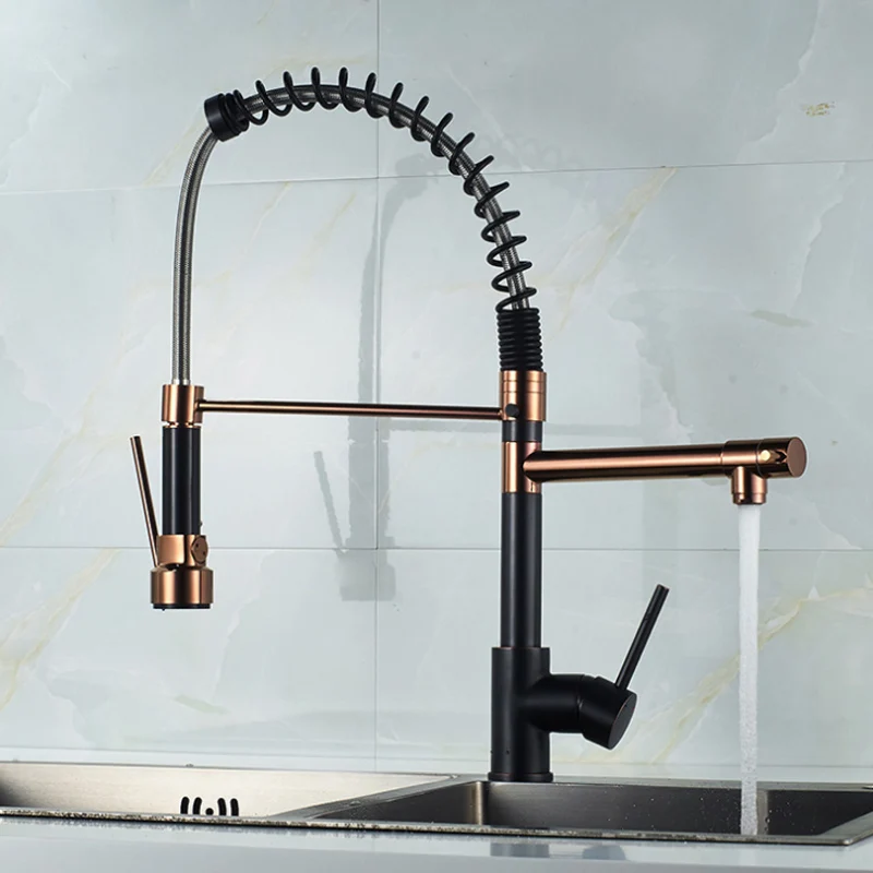  European retro rose gold + ORB black kitchen faucet all-copper multi-functional stretchable rotary  - 33010752723