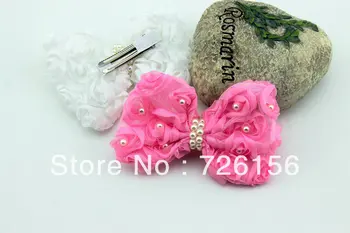

30PCS/LOT Mini Chiffon Rose Flower Hair Clip With Many Pearl Flowers Hair Accessory