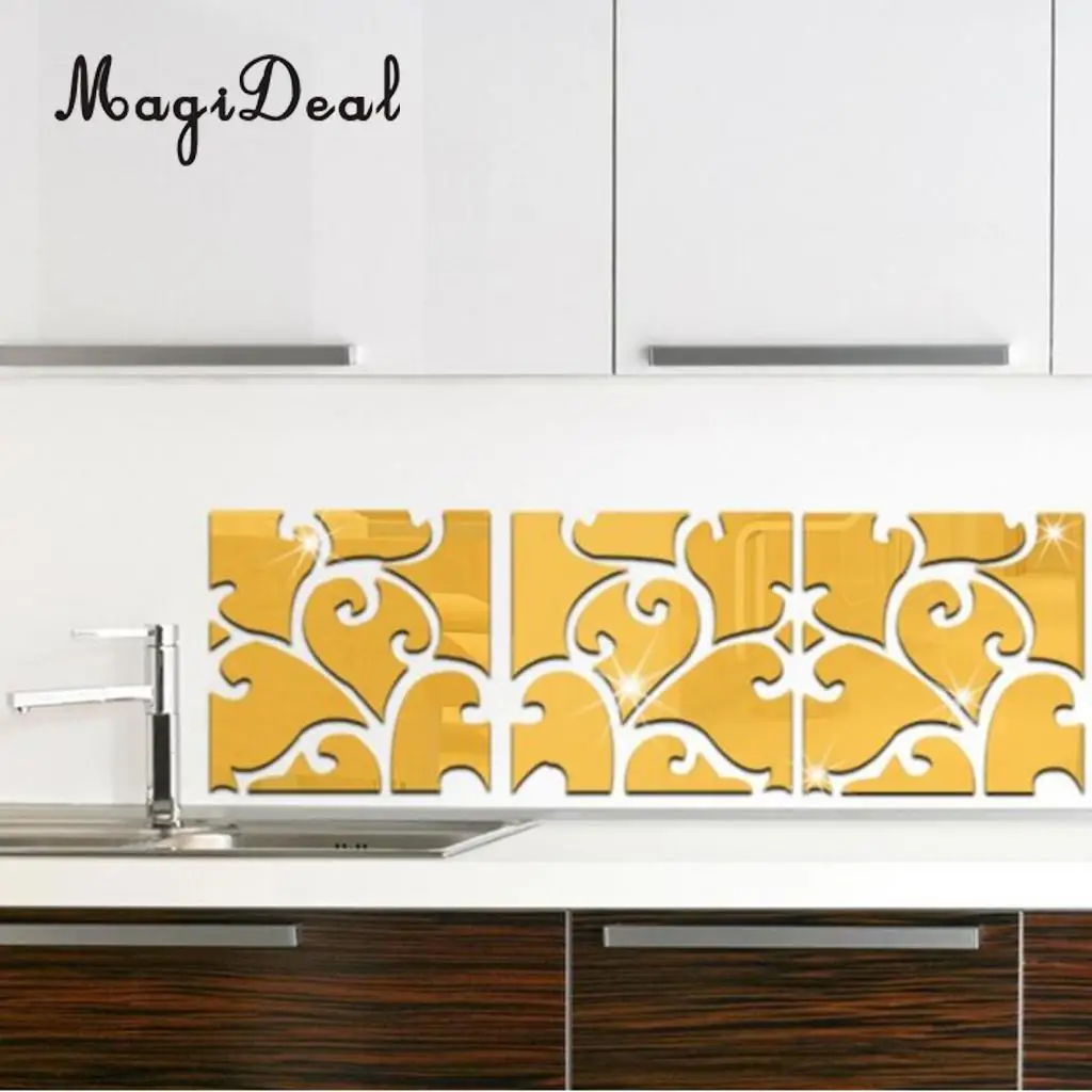 3D Acrylic Mirror Decal Sticker Stitched Wall Panels Home Decoration 8x8inch, Silver/Black/Gold